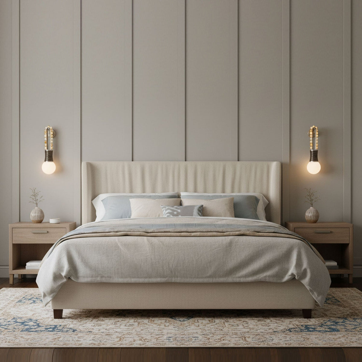 A panelled cream headboard sits between two lit Clérachic wall sconces in a softly lit bedroom.