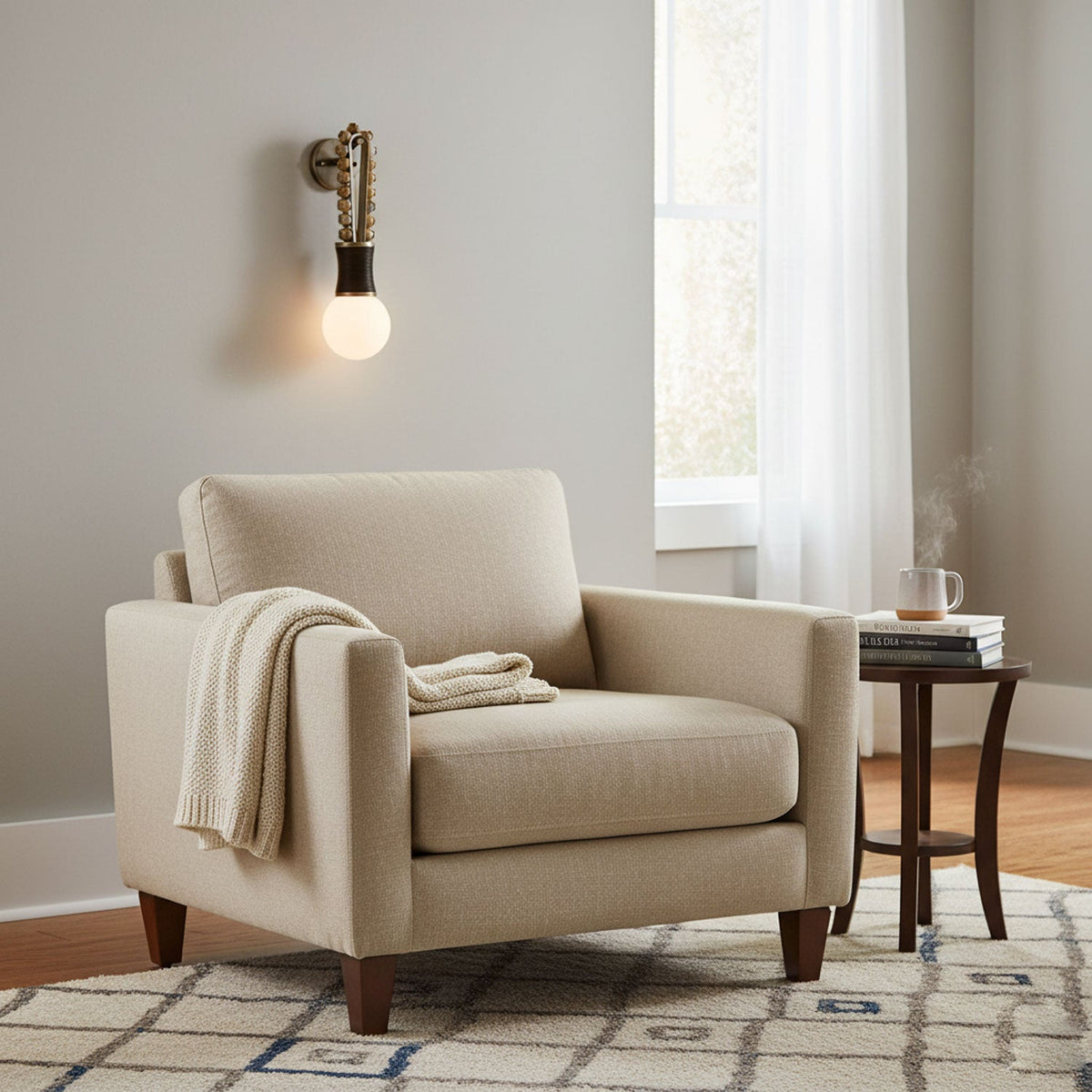 Clérachic wall sconce lit beside a cream armchair with a folded throw, near a window with sheer white curtains.