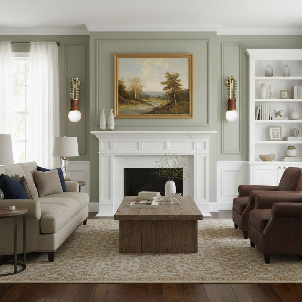 A framed landscape painting hangs above a white mantel, flanked by two lit Clérachic wall sconces in a sage-green room.