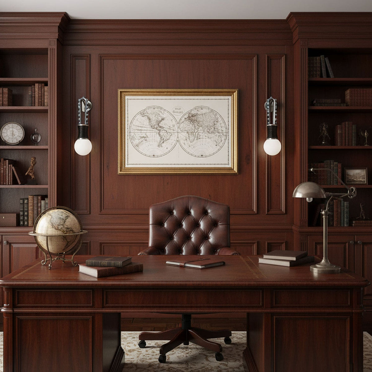 Two Clérachic wall sconces lit either side of a framed map above a leather-topped desk in a dark wood-panelled office.