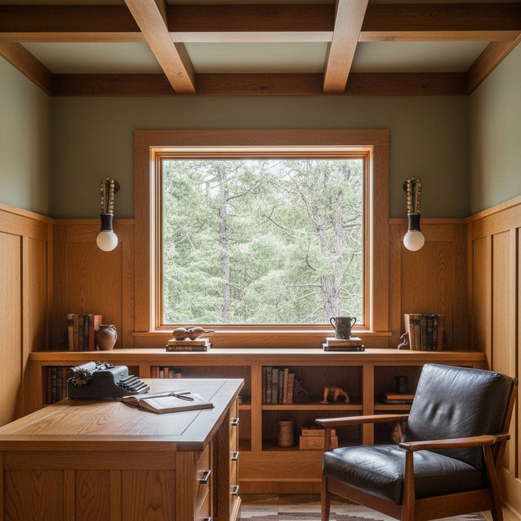 Two Clérachic wall sconces lit either side of a large window in a wood-panelled study with a beamed ceiling.