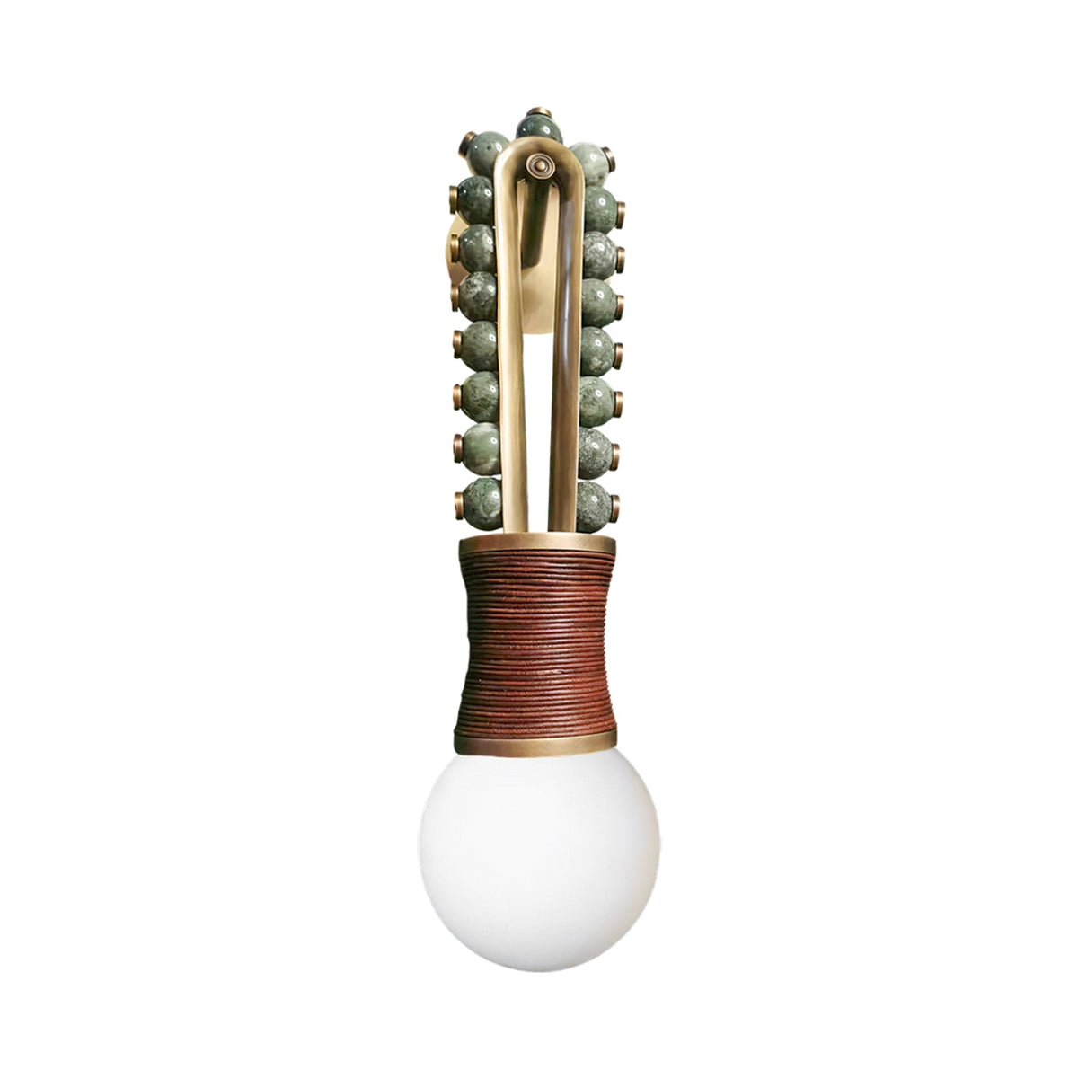 Clérachic wall light in sage-green stone beads on a brass frame, its socket bound in brown cord, photographed on a white background.