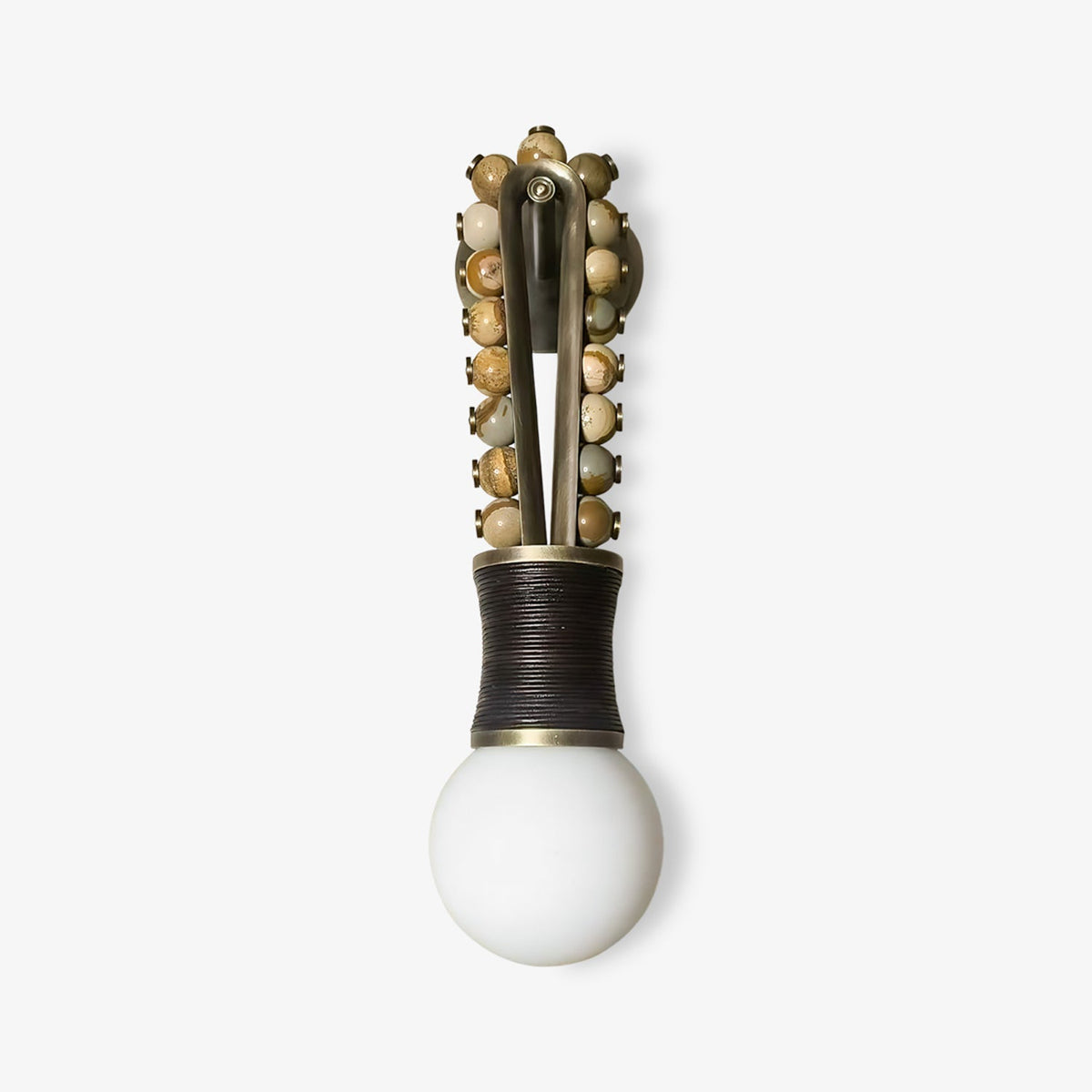 Clérachic wall sconce with mixed grey and tan stone beads on a brass frame and a black-wrapped base, on a white background.
