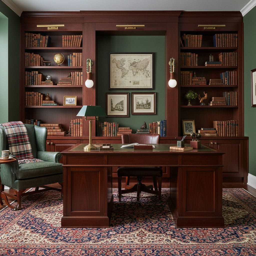 A framed map hangs between two lit Clérachic wall sconces in a green-panelled library office, a tartan armchair below.