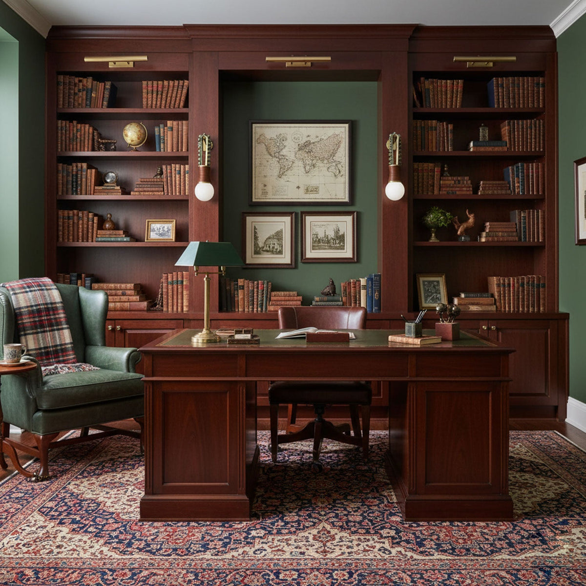A framed map hangs between two lit Clérachic wall sconces in a green-panelled library office, a tartan armchair below.