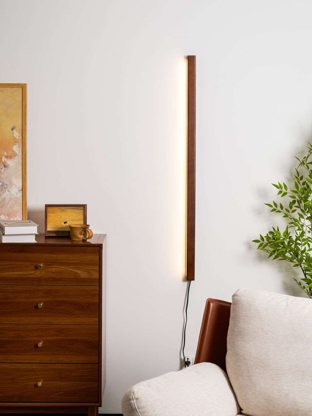 Pine wood wall light with inline cord and plug shown