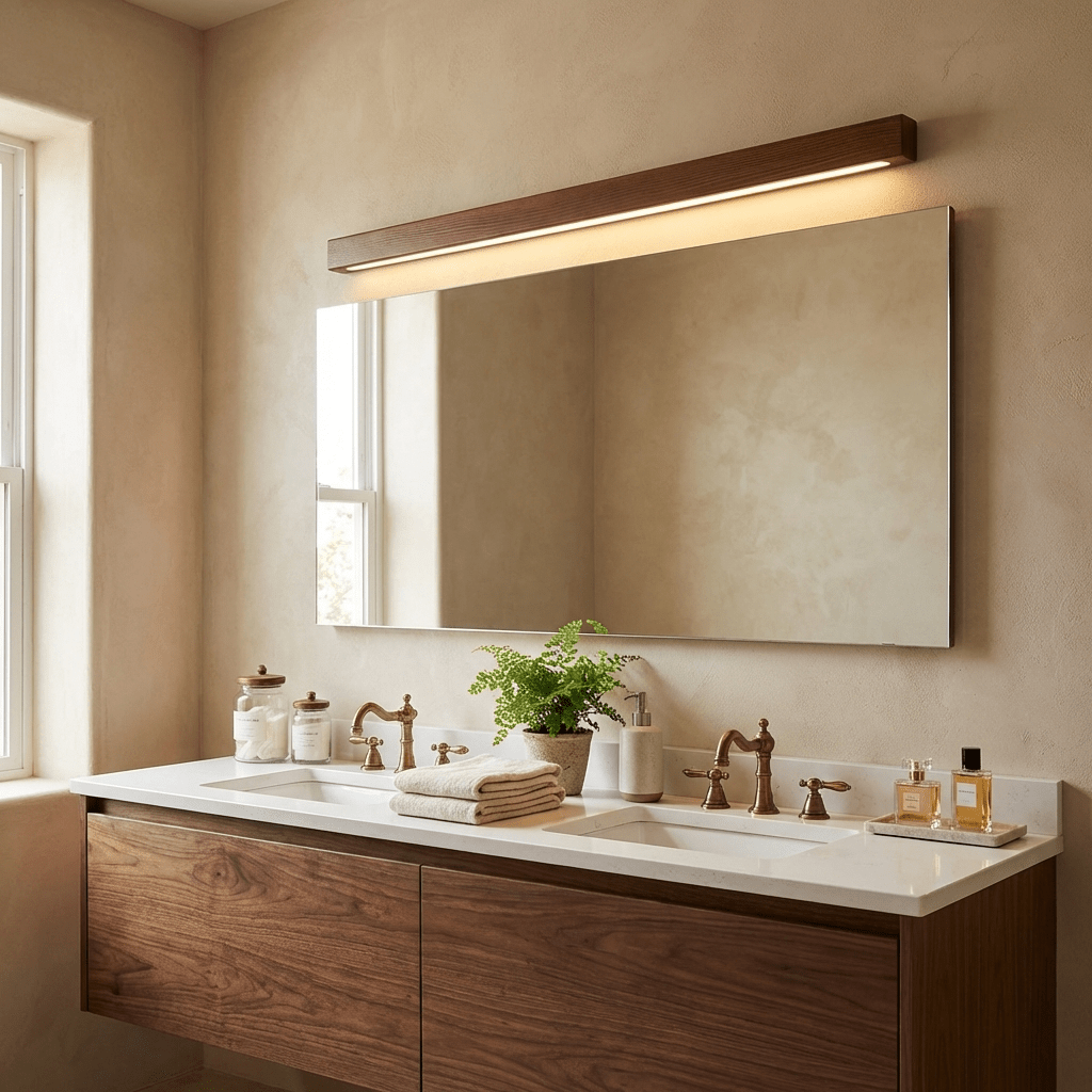 Natural wood linear wall light on a clean backdrop