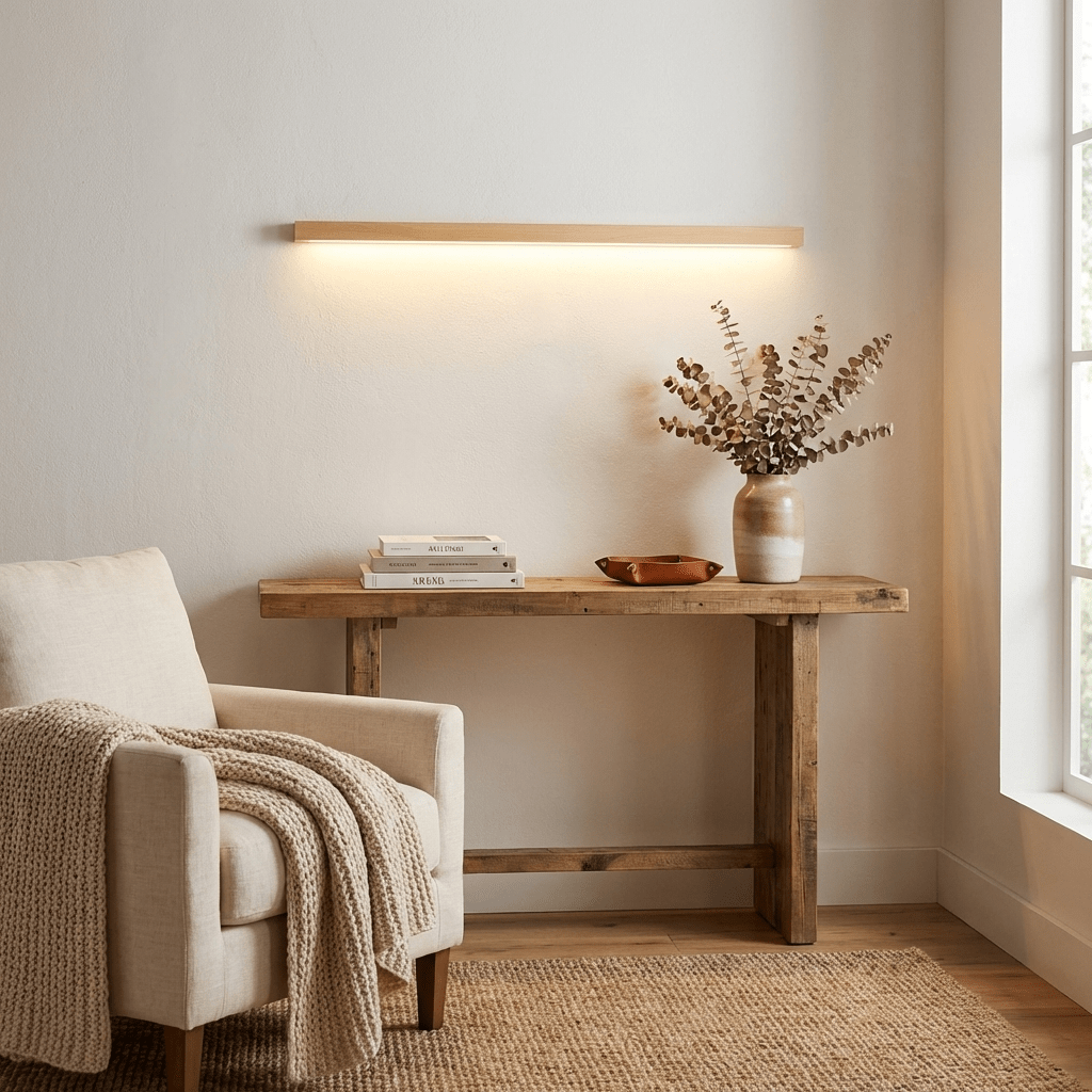 Wooden linear wall light with frosted shade shown front-on