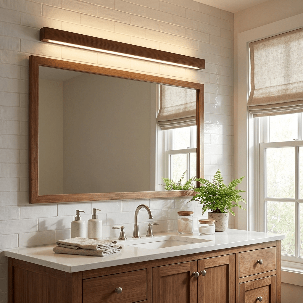 Wooden wall light with frosted diffuser viewed straight on