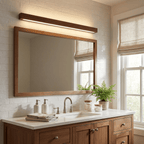 Wooden wall light with frosted diffuser viewed straight on