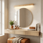Slim wooden wall light shown against a neutral background
