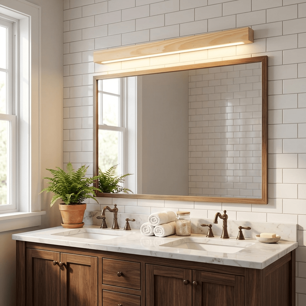 Slim pine wood wall light shown from a side angle