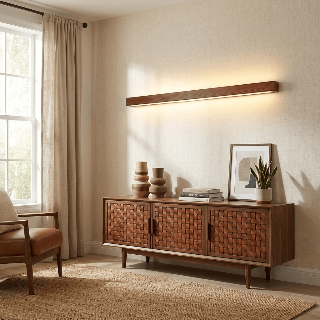 Linear wall light with natural wood frame on white background