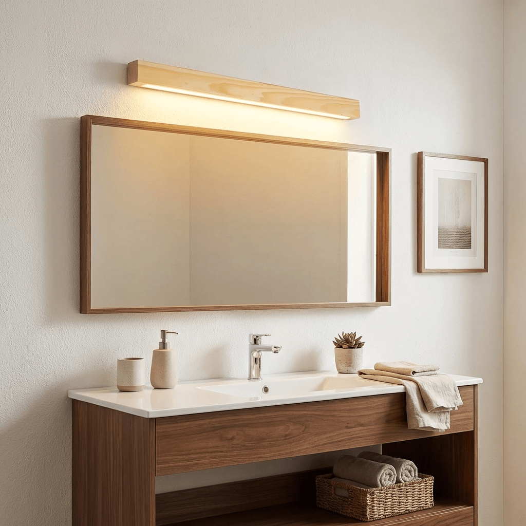 Slim linear wood wall light studio shot against white