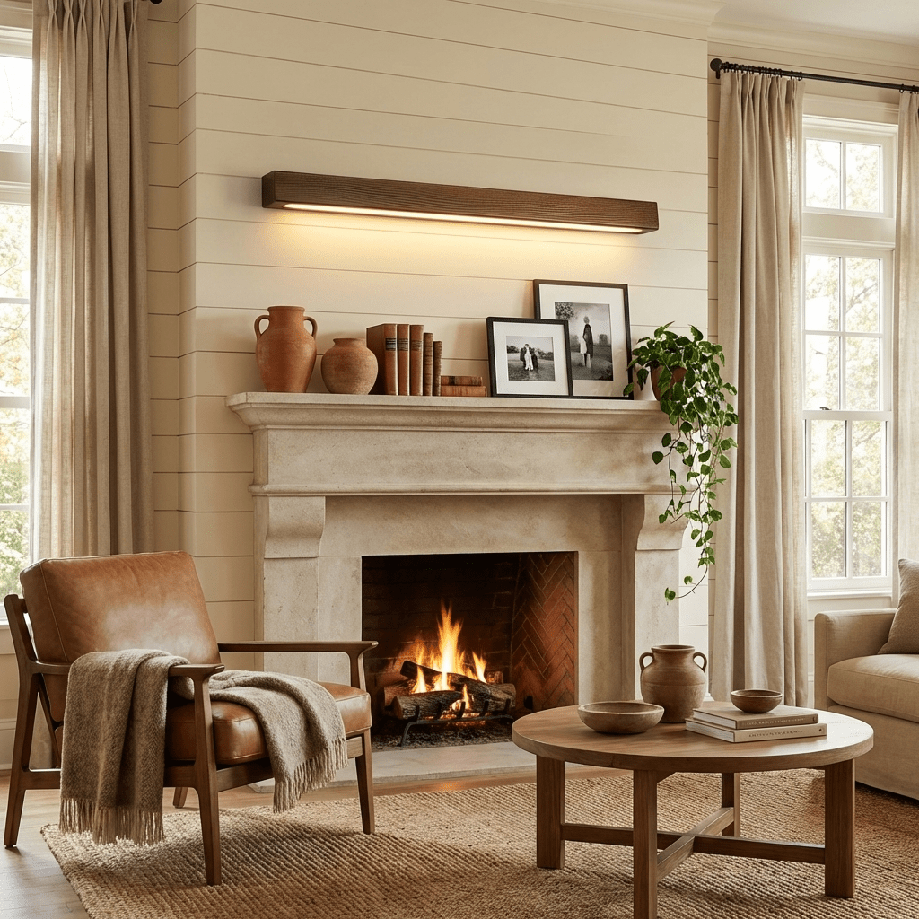 Linear pine wood wall light on a plain studio backdrop