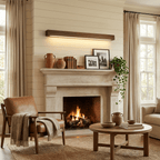 Linear pine wood wall light on a plain studio backdrop