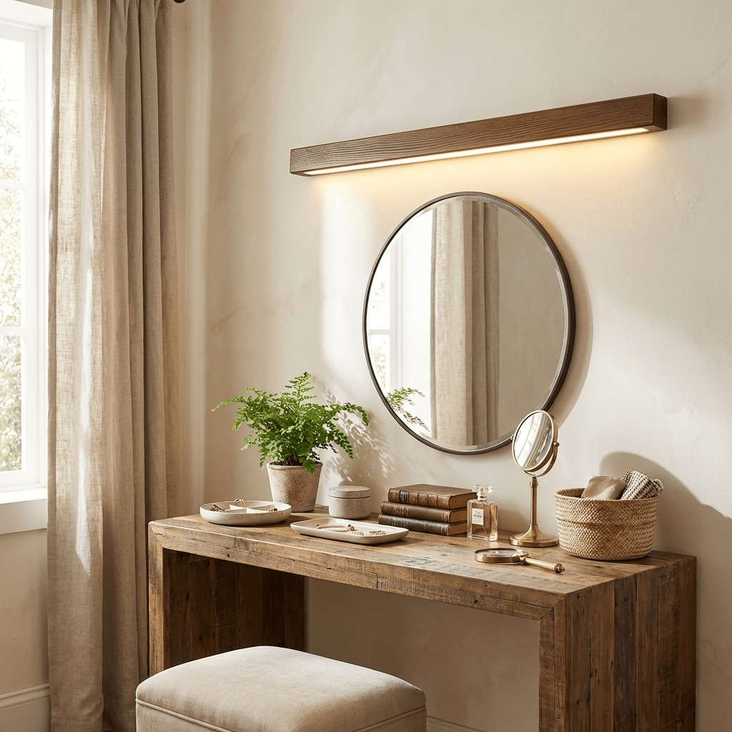 Wooden linear wall light detail showing warm even glow