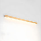 Linear wood wall light mounted near a mirror