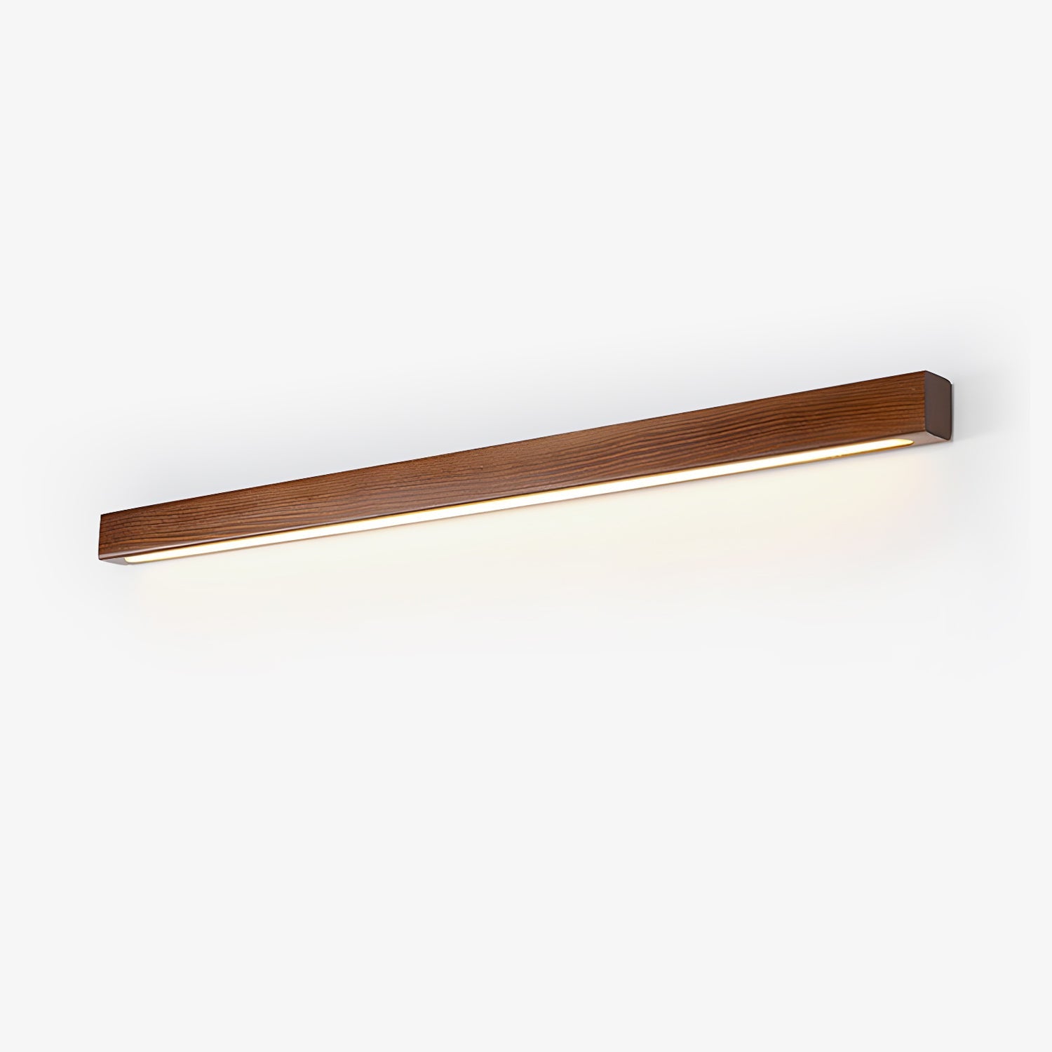 Wooden linear wall light with frosted acrylic shade close-up