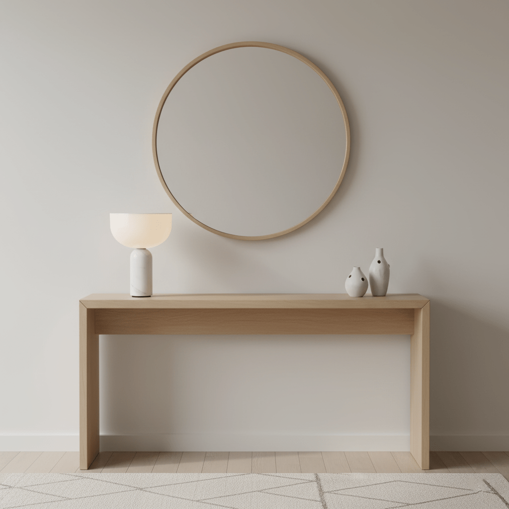 A white marble Clérachic sphere lamp sits on an oak console table beneath a round mirror, two small birds nearby.