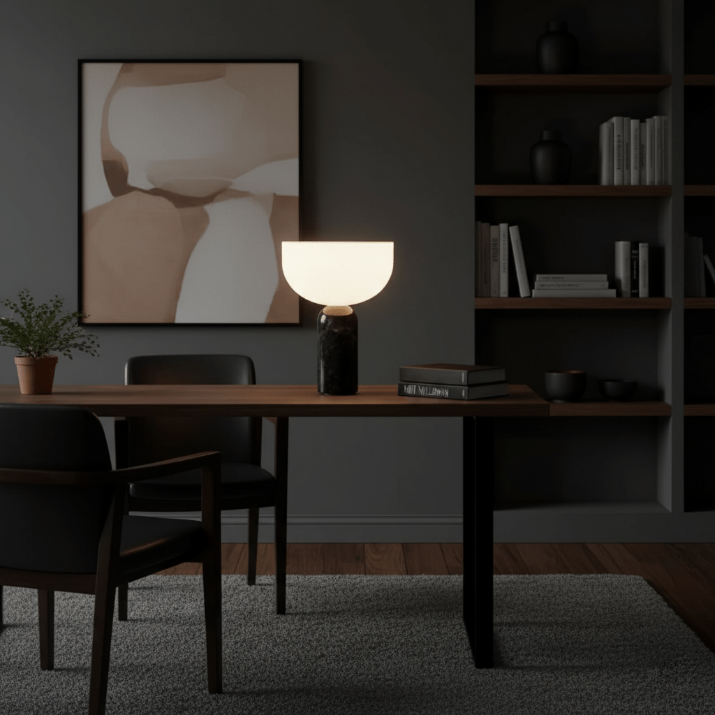 Clérachic's sphere table lamp lit on a dark wood desk in a moody study, framed art and bookshelves behind.