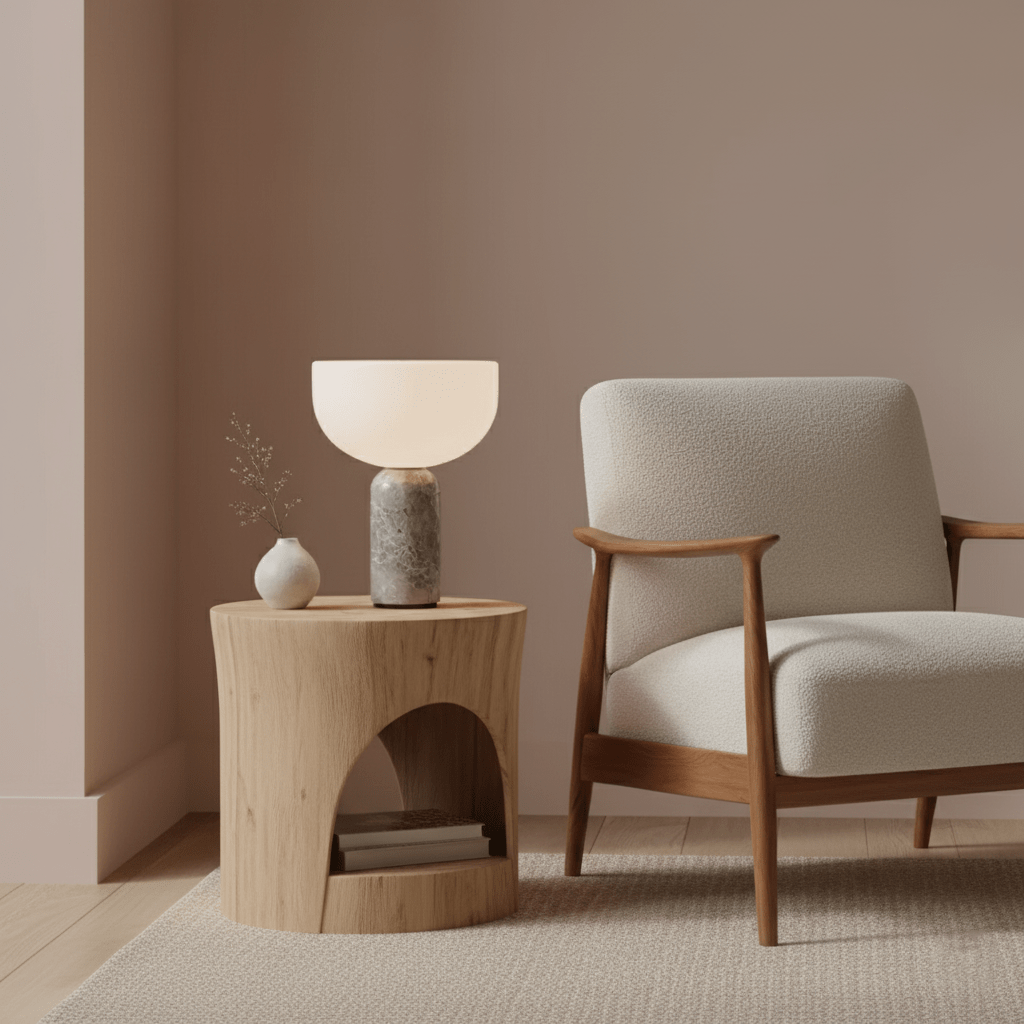 Clérachic's grey marble sphere lamp lit on a wooden side table beside a bouclé armchair and a small ceramic vase.