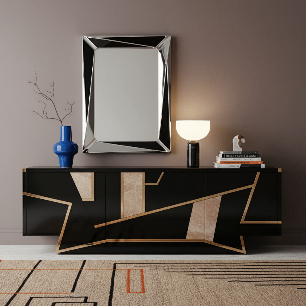 A black marble Clérachic sphere lamp lit on a dark sideboard beneath a mirror, next to a cobalt blue vase.