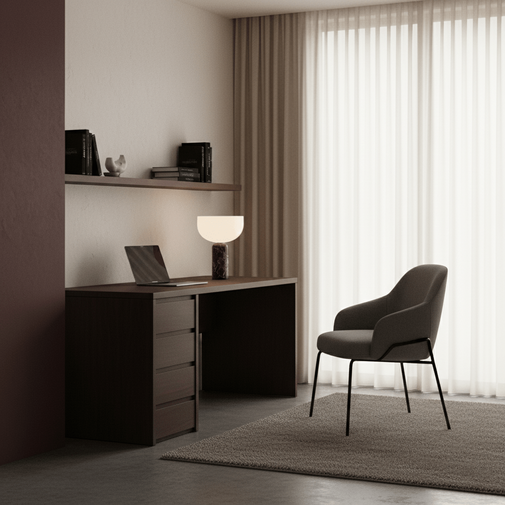 Clérachic's sphere table lamp lit on a dark wood home-office desk beside a laptop, sheer curtains behind.