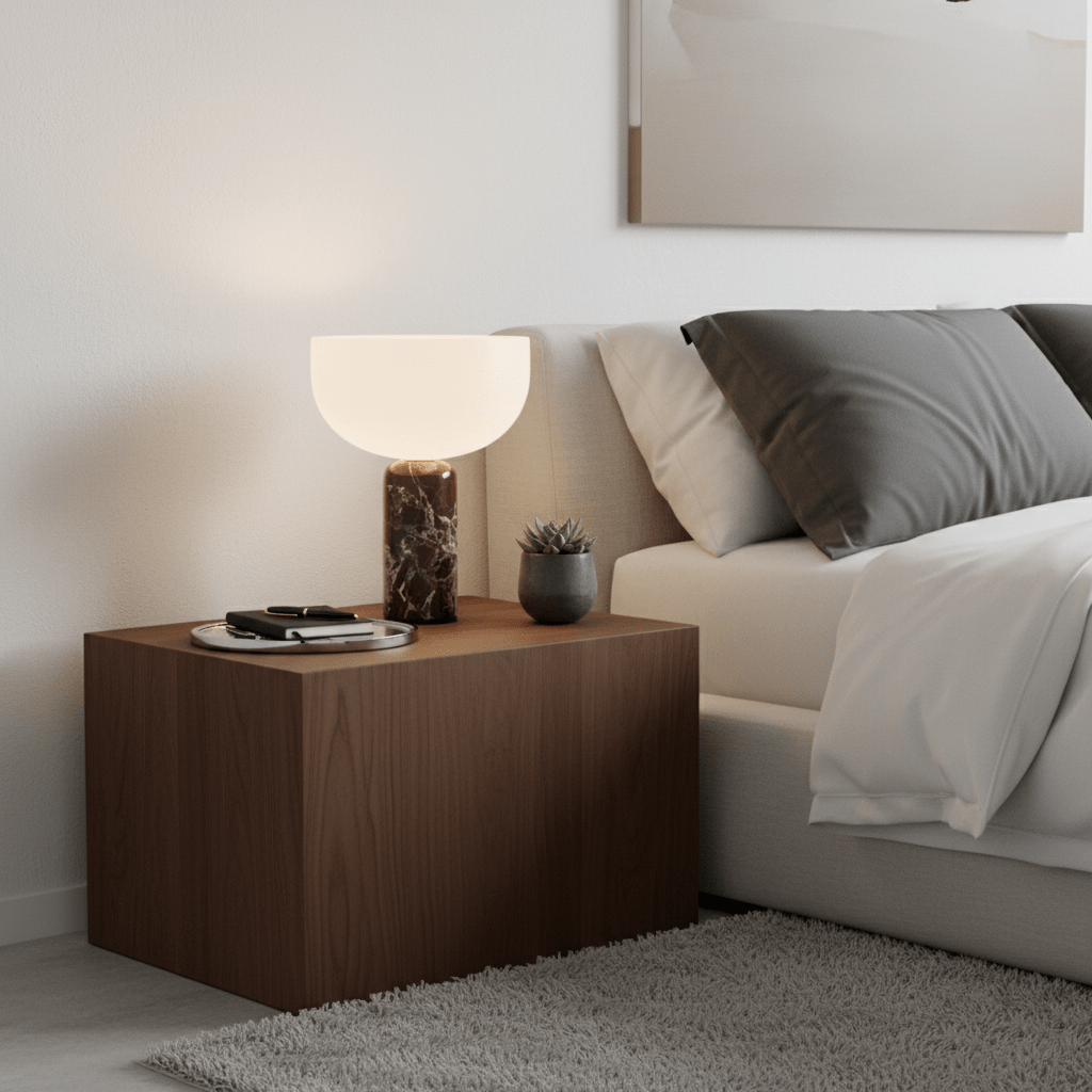 The dark red marble base of this Clérachic table lamp lit on a wooden nightstand beside a pillow-stacked bed.