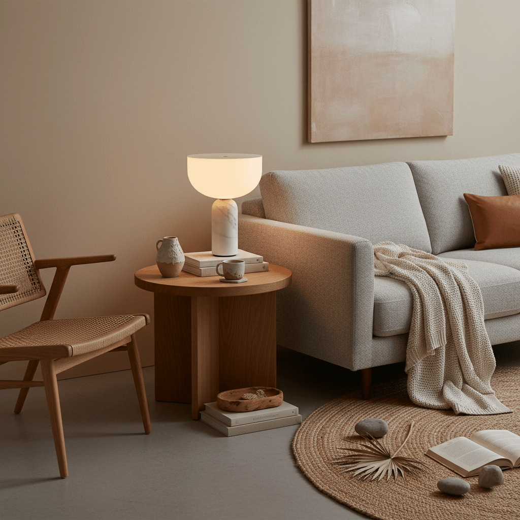 Clérachic's white marble sphere lamp glows on a round wooden side table between a cream sofa and a woven chair.