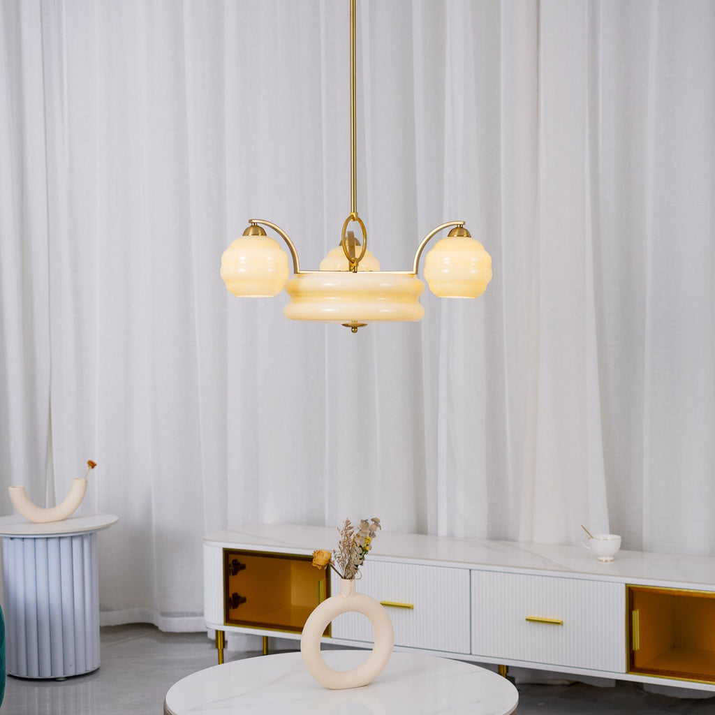 Art Deco chandelier three-head configuration with glass shades