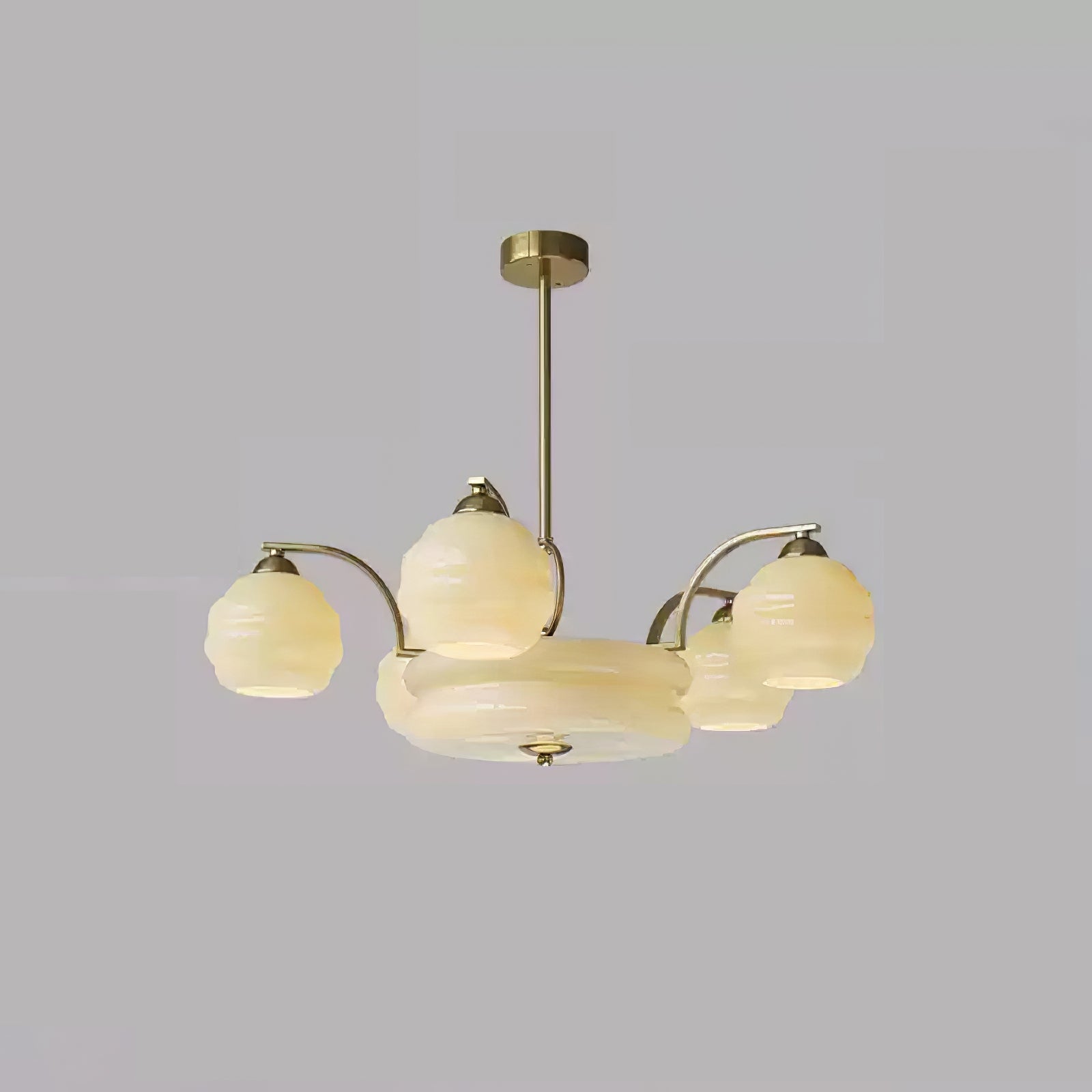 Art Deco chandelier with gold suspension and frosted glass shades