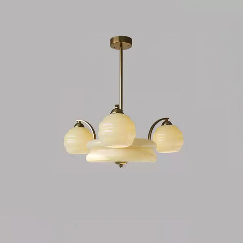 Art Deco chandelier with curved frosted-glass shades and gold frame