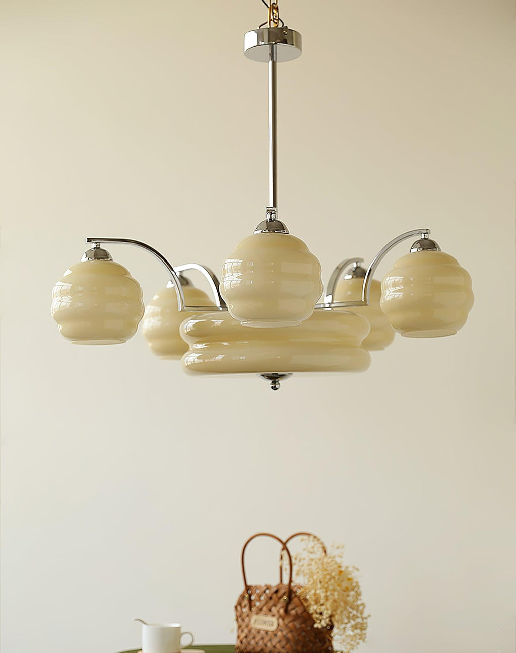 Art Deco chandelier with metal frame and frosted glass shades