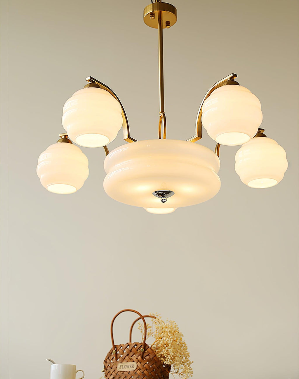 Art Deco chandelier with vintage glass shades and slim rod