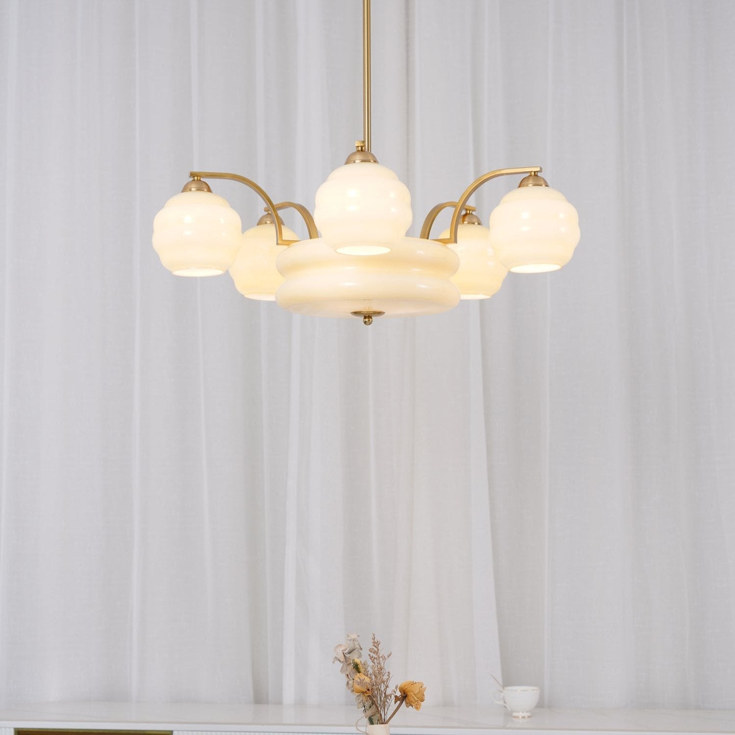 Art Deco chandelier suspended with curved vintage glass shades