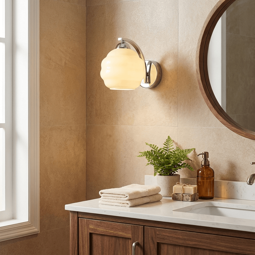 Art Deco wall sconce with beige glass shade lit warmly