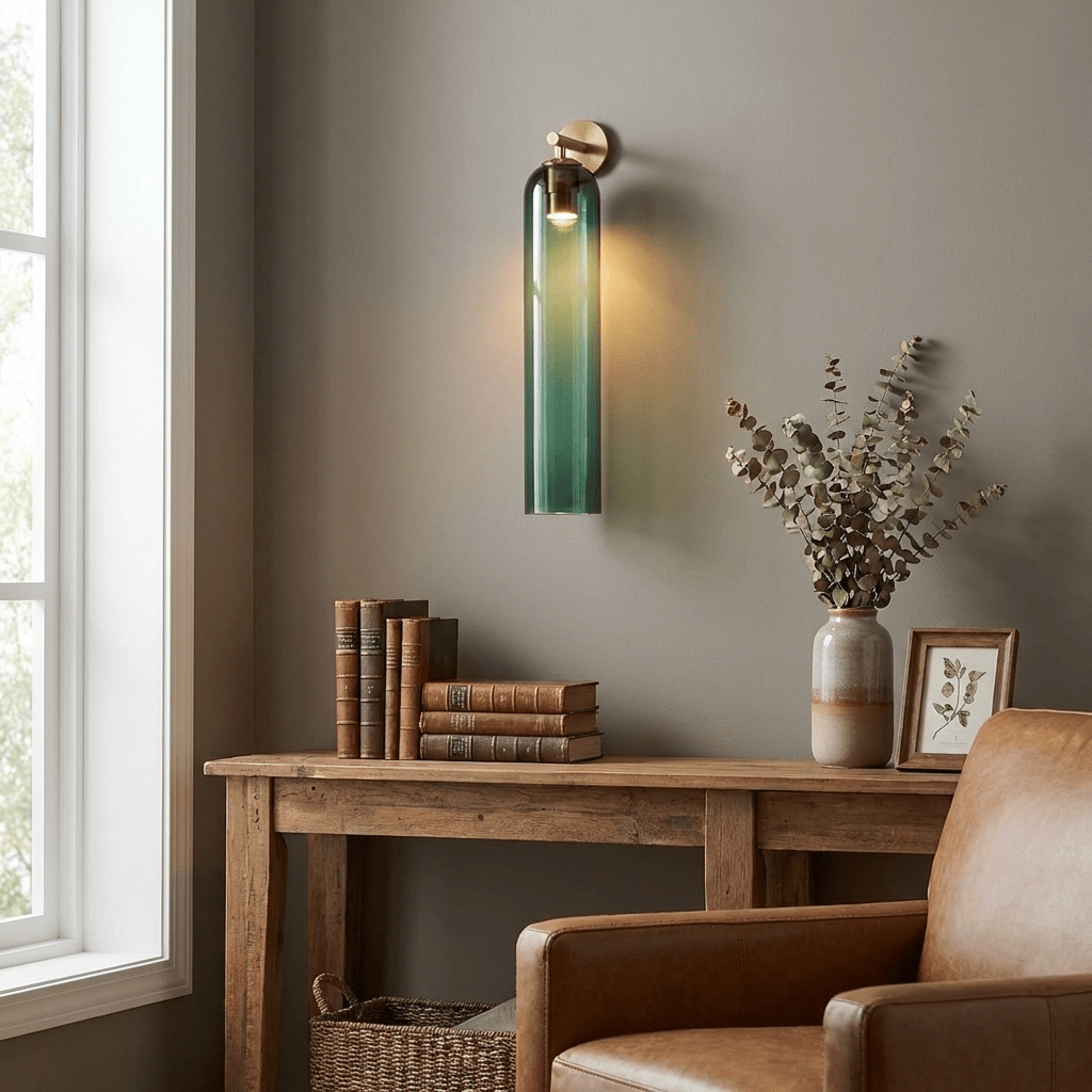 Mouthblown glass wall sconce with slim metal hardware detail