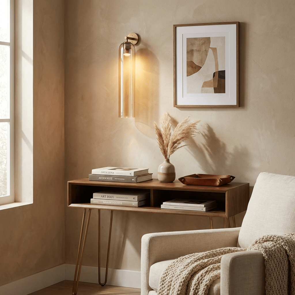 Art glass wall sconce with metal base shown on white