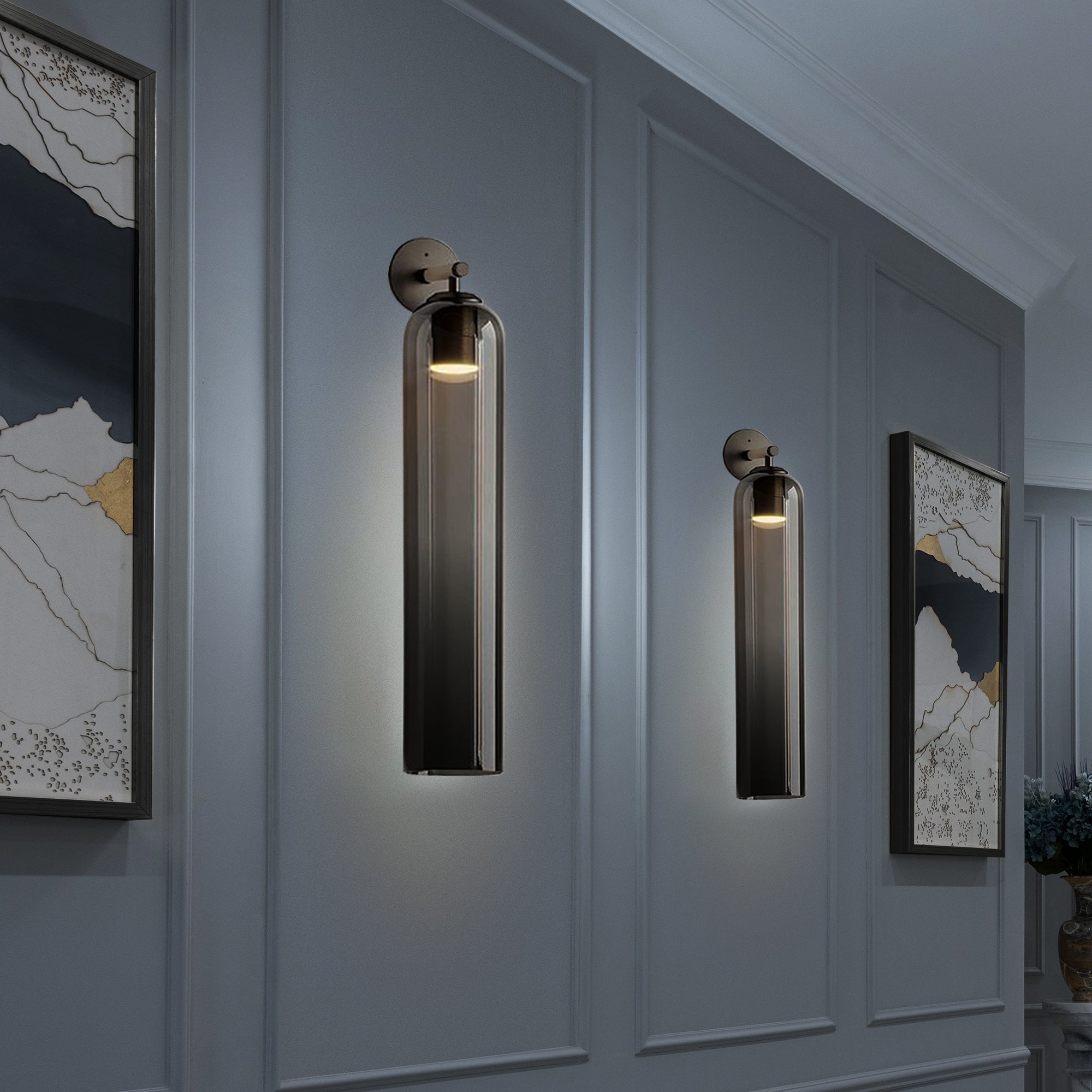 Væglampe, mundblæst kunstglas, GU10 LED, dæmpbar, dobbelmontering