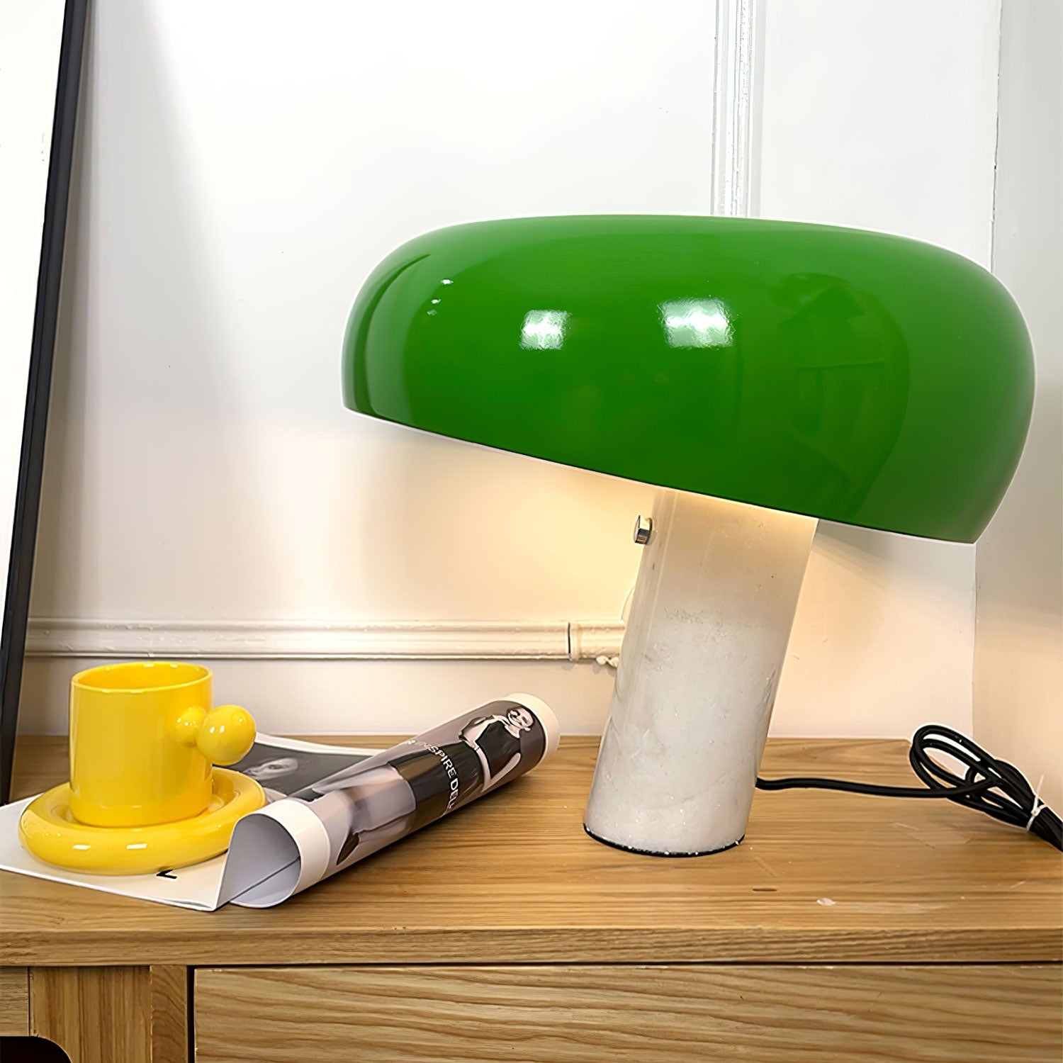 Marble base lamp with a curved glazed metal reflector