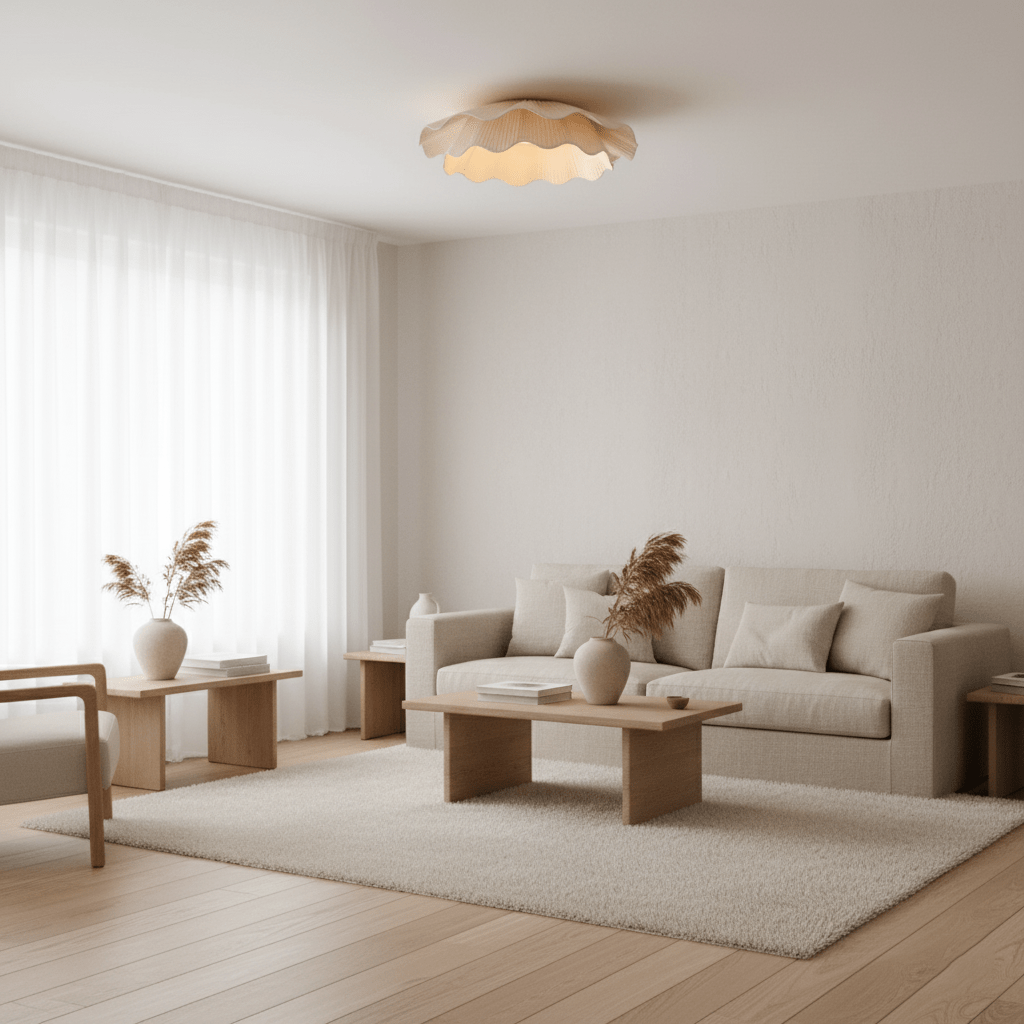 Pleated wave fabric ceiling light with beige shade detail