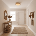 Pleated wave fabric ceiling light angled view with brass trim