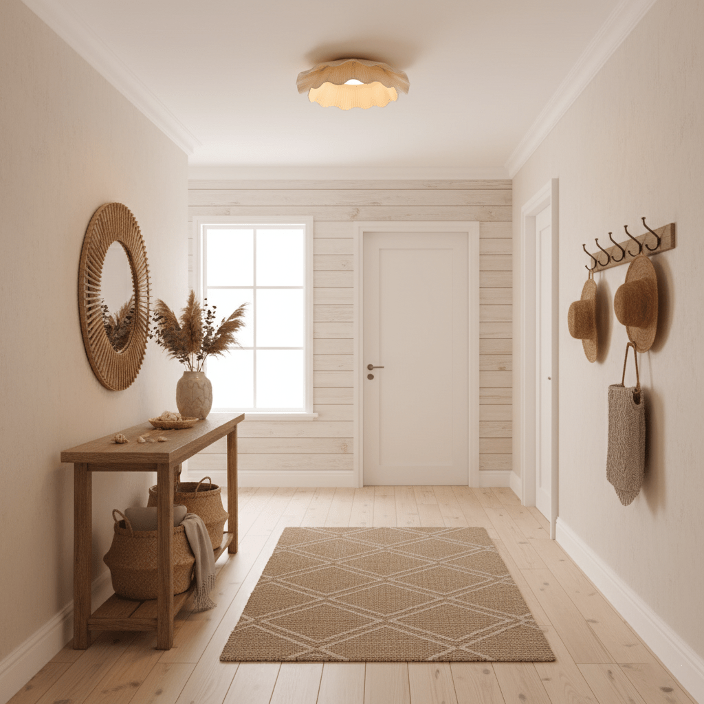 Pleated wave fabric ceiling light angled view with brass trim