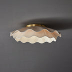 Pleated wave fabric ceiling light with brass and beige finish