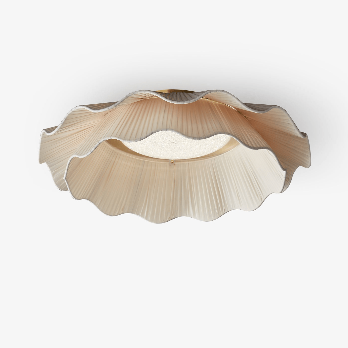 Pleated wave fabric ceiling light glowing softly from above