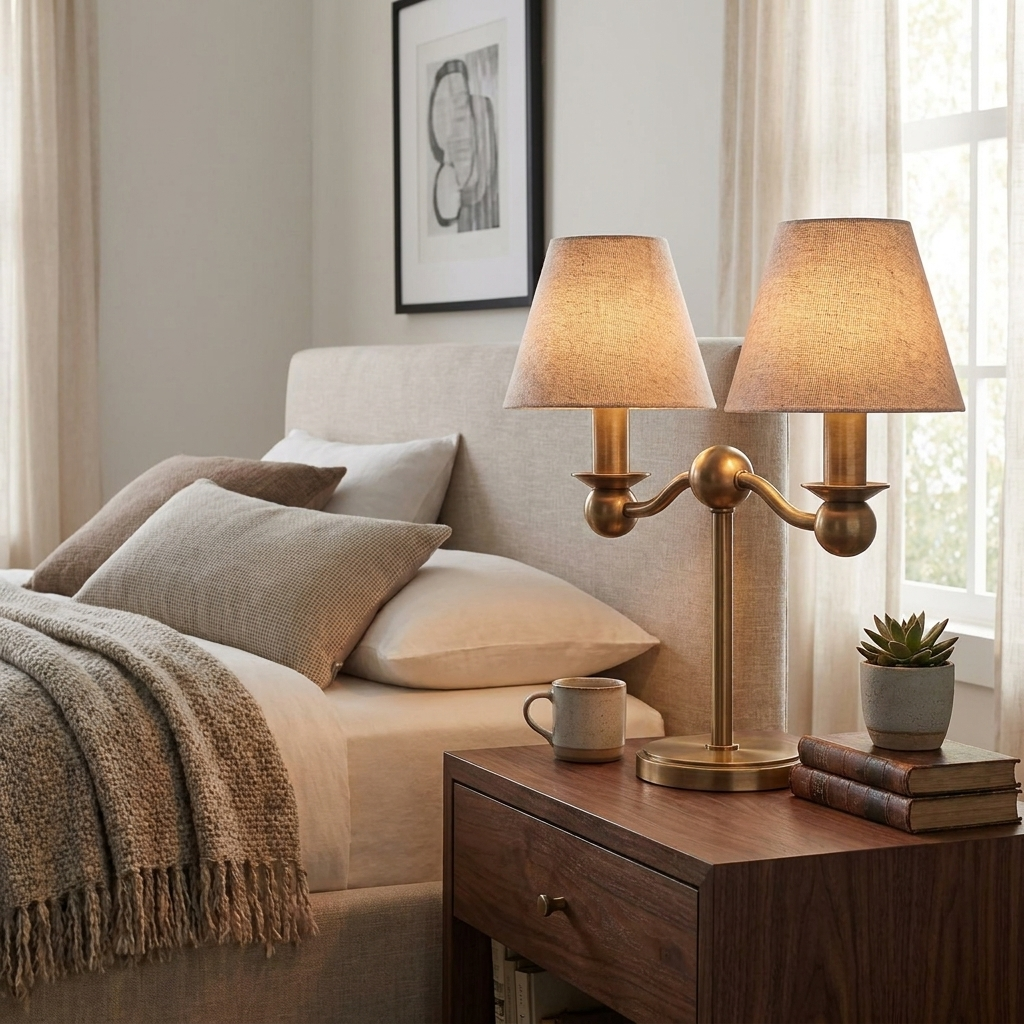 On a bedside table, this brushed brass Clérachic table lamp glows beside a cream upholstered headboard and a potted succulent.