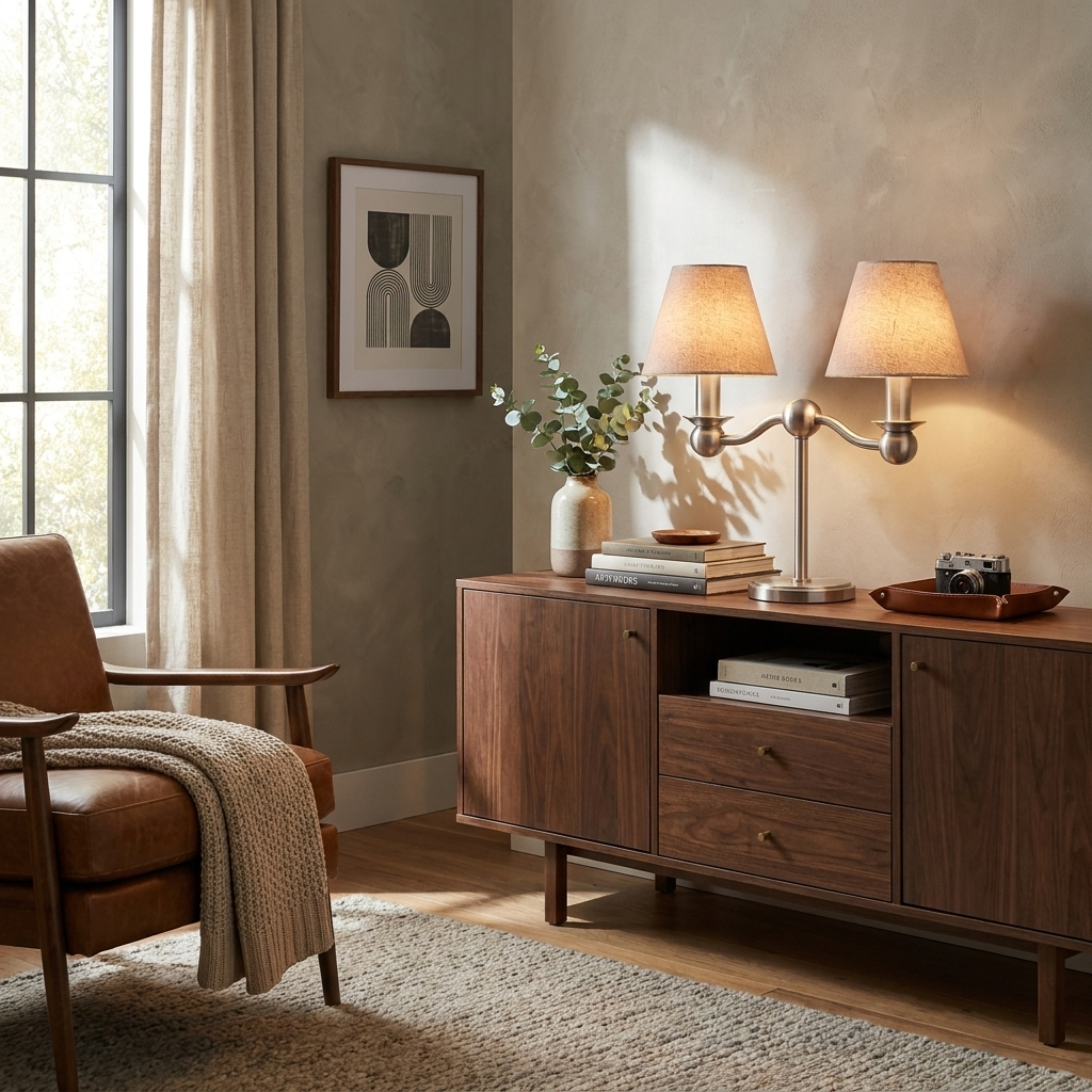 This brushed brass Clérachic table lamp lights a walnut sideboard styled with a vase, books and a leather armchair.