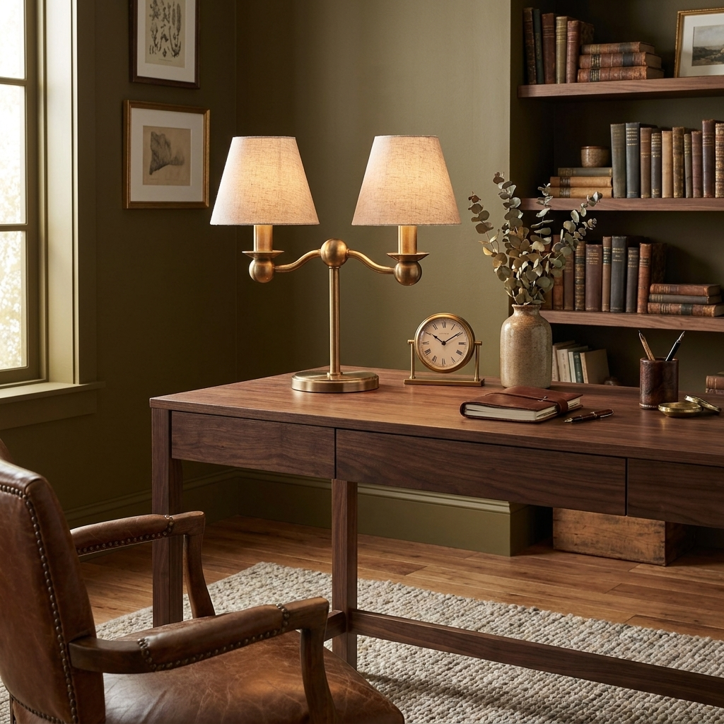 This brushed brass Clérachic table lamp lights a walnut desk in a study lined with bookshelves and a leather chair.