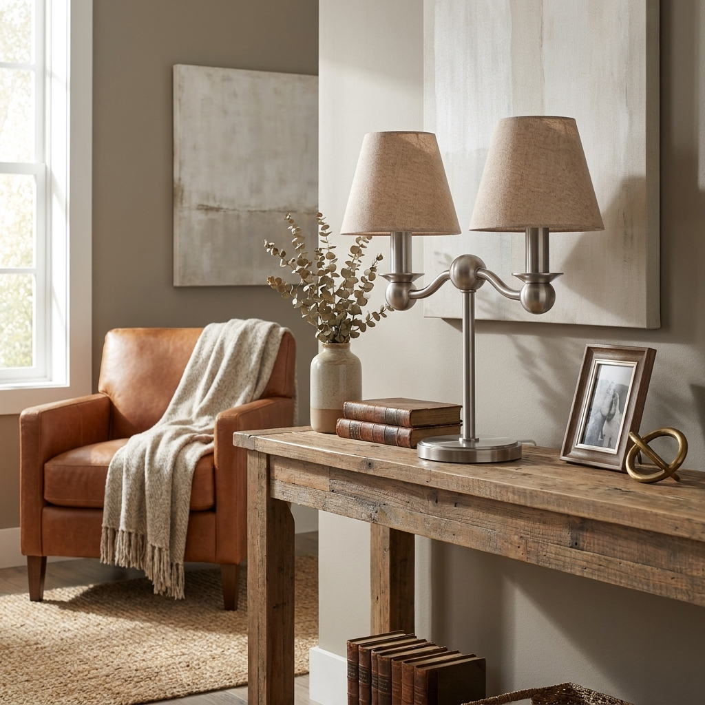 This brushed nickel Clérachic table lamp glows on a reclaimed-wood console styled with a vase and a framed photo.